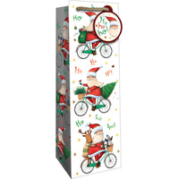 SANTA ON BICYCLE WINE BOTTLE BAGS BY JILLSON ROBERTS    120 / CASE  xbt 738a